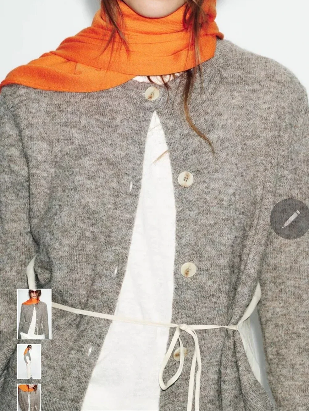 Zara Gray Button-Front Cardigan with Cream Buttons and Tie